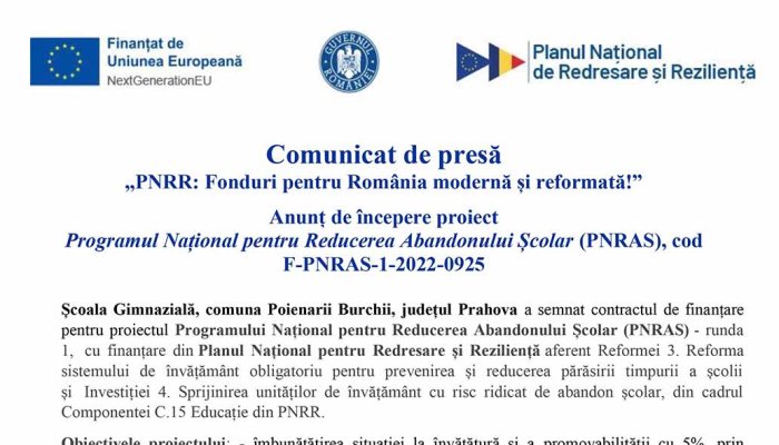 Comunicat de presă | Programul Național pentru Reducerea Abandonului Școlar (PNRAS), cod F-PNRAS-1-2022-0925