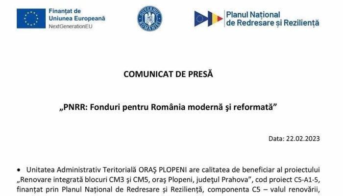 COMUNICAT DE PRESĂ | „PNRR: Fonduri pentru România modernă şi reformată”