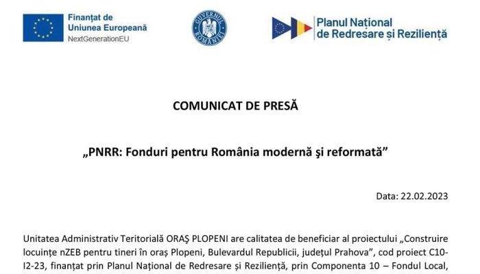 COMUNICAT DE PRESĂ | „PNRR: Fonduri pentru România modernă şi reformată” | Unitatea Administrativ Teritorială ORAŞ PLOPENI
