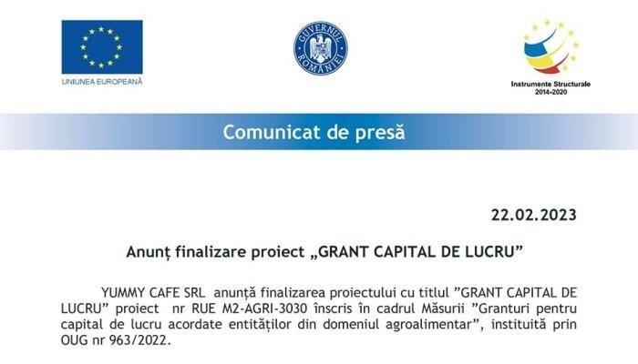 COMUNICAT DE PRESĂ | Anunț finalizare proiect „GRANT CAPITAL DE LUCRU”