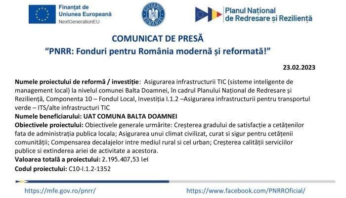 COMUNICAT DE PRESĂ | „PNRR: Fonduri pentru România modernă şi reformată” | Comuna Balta Doamnei 