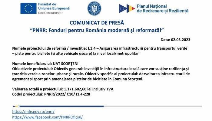 Comunicat de presă | “PNRR: Fonduri pentru România modernă şi reformată!” | UAT SCORȚENI