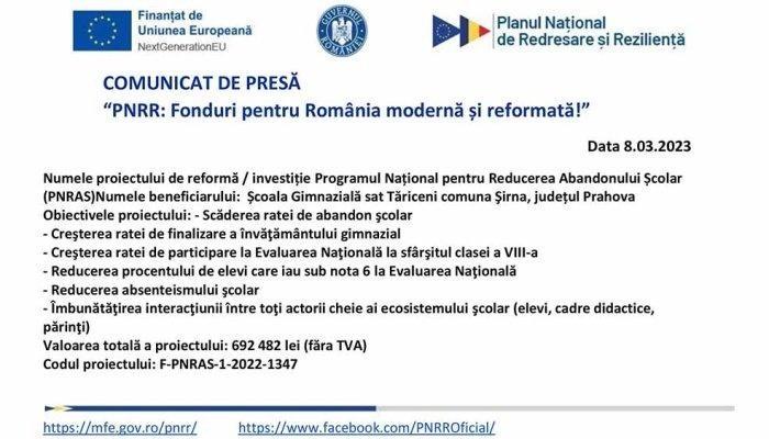 Comunicat de presă | ,,PNRR: Fonduri pentru România modernă și reformată!” | Școala Gimnazială sat Tăriceni comuna Şirna, județul Prahova