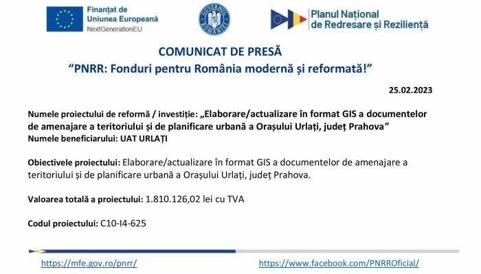 COMUNICAT DE PRESĂ | „PNRR: Fonduri pentru România modernă şi reformată” | UAT ORAŞ URLAȚI 