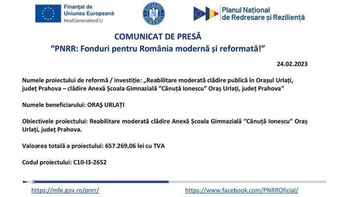 COMUNICAT DE PRESĂ | „PNRR: Fonduri pentru România modernă şi reformată” | UAT ORAŞ URLAȚI