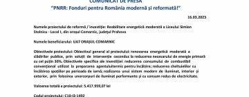 Comunicat de presă |„PNRR: Fonduri pentru România modernă și reformată!” | UAT ORAȘUL COMARNIC