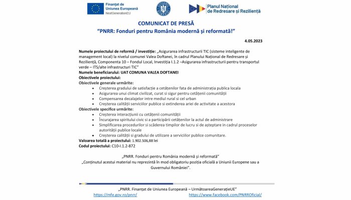 COMUNICAT DE PRESĂ | „PNRR: Fonduri pentru România modernă şi reformată” | Comuna Valea Doftanei