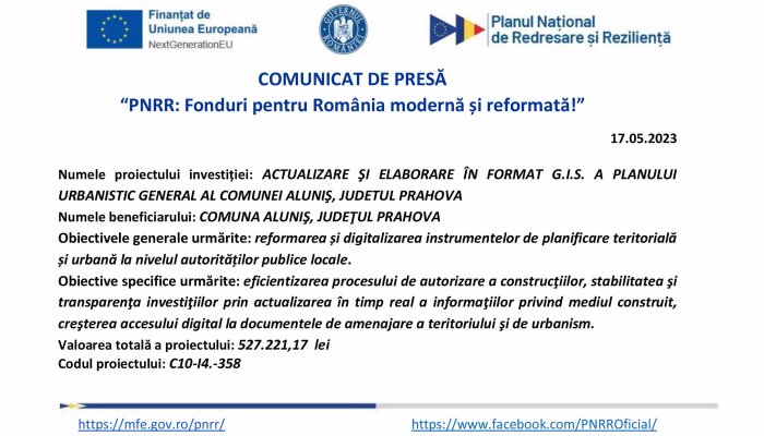 COMUNICAT DE PRESĂ | PNRR: Fonduri pentru România modernă și reformată! | COMUNA ALUNIŞ