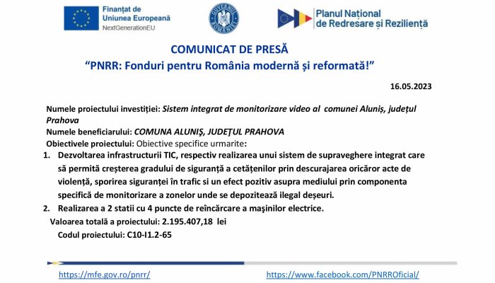 COMUNICAT DE PRESĂ | ,,PNRR: fonduri pentru România modernă si reformată!” | COMUNA ALUNIŞ, JUDEŢUL PRAHOVA