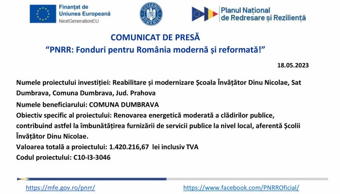 Comunicat de presă | “PNRR : Fonduri pentru România modernă şi reformată!” | COMUNA DUMBRAVA