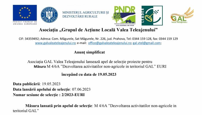 Anunț simplificat | Asociația GAL Valea Teleajenului | Măsura M 4/6A ”Dezvoltarea activitatilor non-agricole in teritoriul GAL” EURI