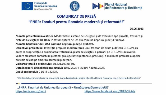 COMUNICAT DE PRESĂ   |  UAT Comuna Ceptura