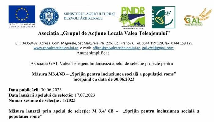 Anunt simplificat | Asociația GAL Valea Teleajenului lansează apelul de selecție proiecte pentru Măsura M3.4/6B