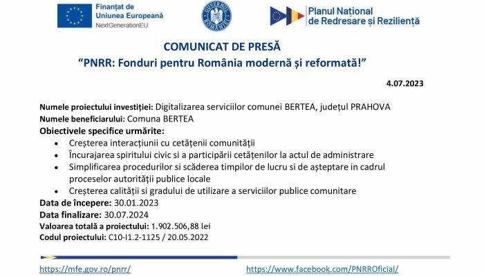 COMUNICAT DE PRESĂ | „PNRR: Fonduri pentru România modernă şi reformată” | Comuna Bertea