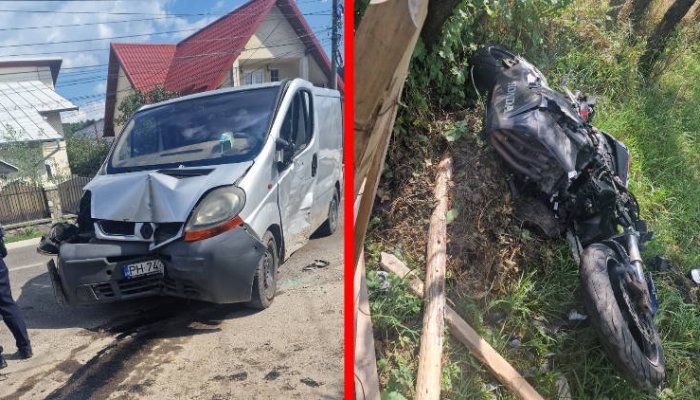 FOTO | Tânăr rănit, după ce a intrat cu motocicleta într-o autoutilitară