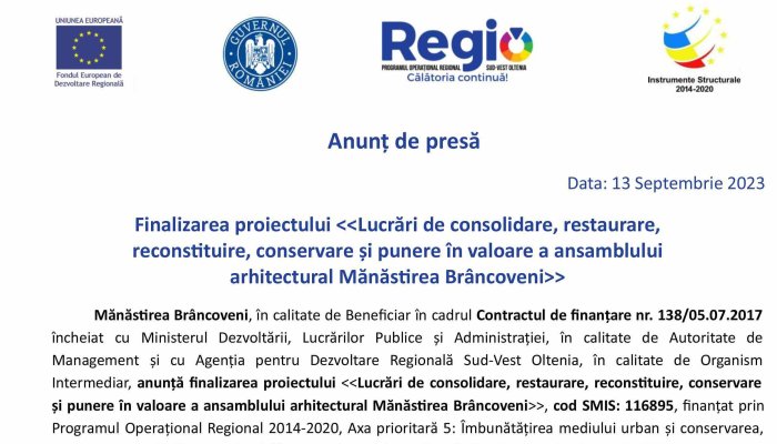 Anunț de presă MĂNĂSTIREA BRÂNCOVENI 