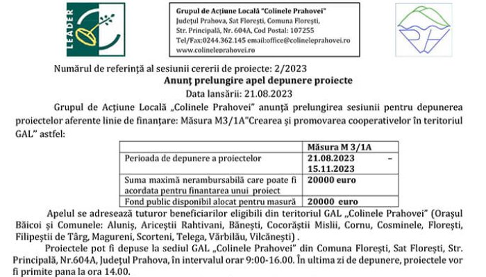 GAL „Colinele Prahovei”. Prelungirea sesiunii pentru depunerea proiectelor aferente liniei de finanţare Măsura M3/1A ”Crearea și promovarea cooperativelor în teritoriul GAL’’ 