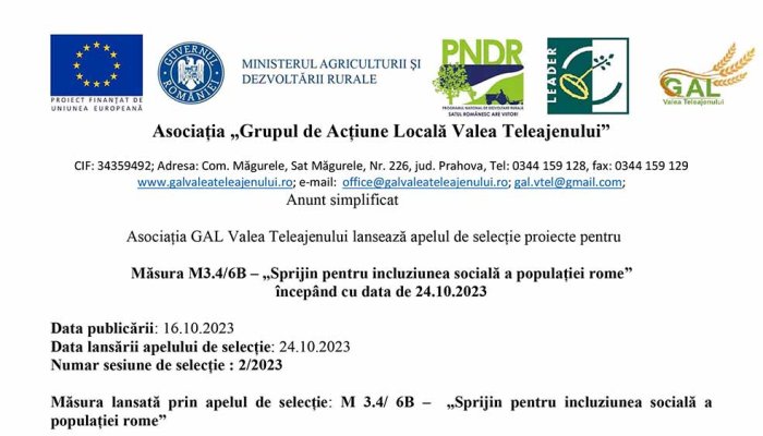 Anunt simplificat | Asociația GAL Valea Teleajenului | Măsura M3.4/6B 