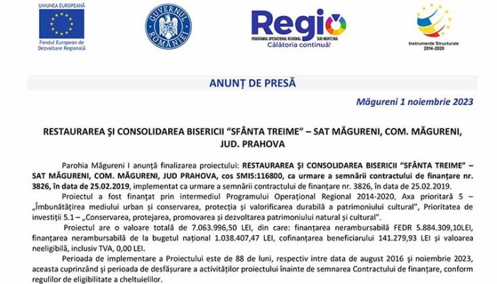 ANUNȚ DE PRESĂ | RESTAURAREA ŞI CONSOLIDAREA BISERICII “SFÂNTA TREIME” – SAT MĂGURENI, COM. MĂGURENI,  JUD. PRAHOVA