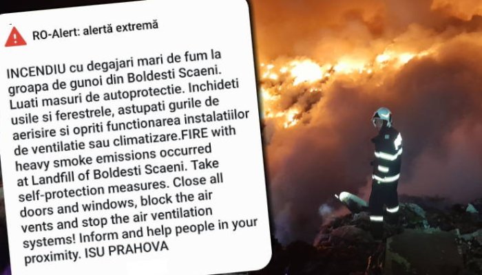 Avertizare prin Ro-Alert emisă din cauza incendiului de la groapa de gunoi de lângă Ploiești