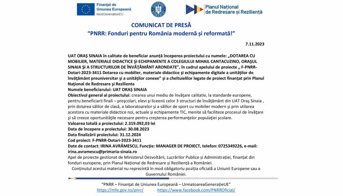 Orașul Sinaia comiunicat de presa PNRR