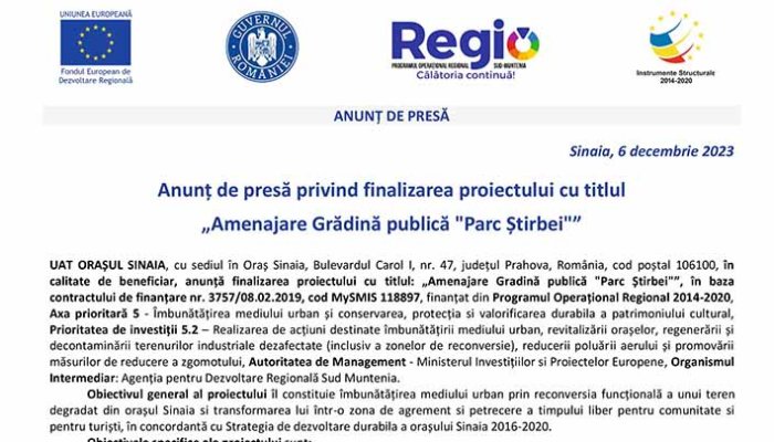 „Amenajare Grădină publică &quot;Parc Știrbei&quot;”