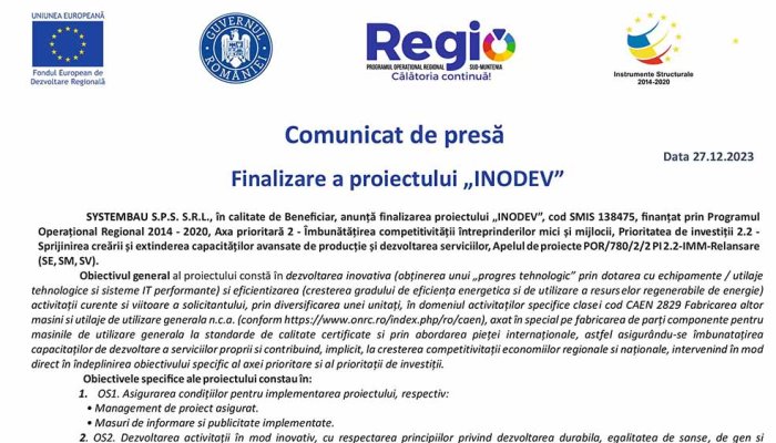 Comunicat de presă - Finalizare a proiectului „INODEV” 