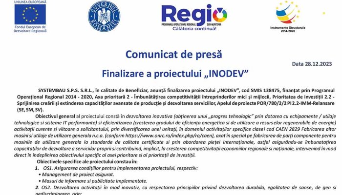 Comunicat de presă - Finalizare a proiectului „INODEV”