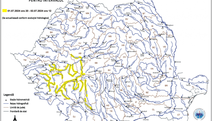 Alertă de inundații pe râuri din opt bazine hidrografice