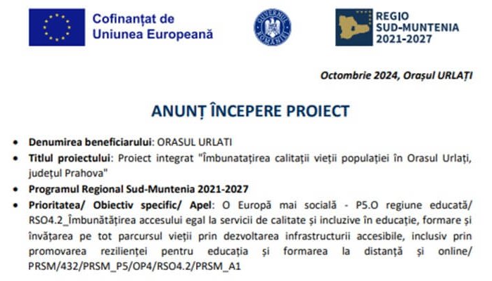 ANUNȚ ÎNCEPERE PROIECT - O Europă mai socială PRSM/432/PRSM_P5/OP4/RSO4.2/PRSM_A1