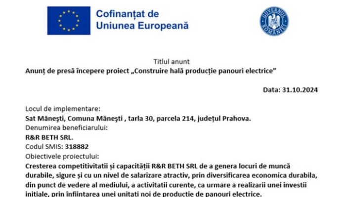 Anunț de presă începere proiect „Construire hală producție panouri electrice”