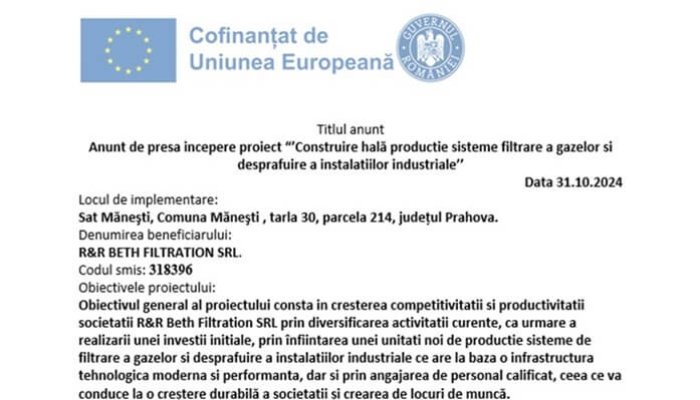 Anunț de presă începere proiect „Construire hală producție sisteme filtrare a gazelor și desprăfuire a instalațiilor industriale’’